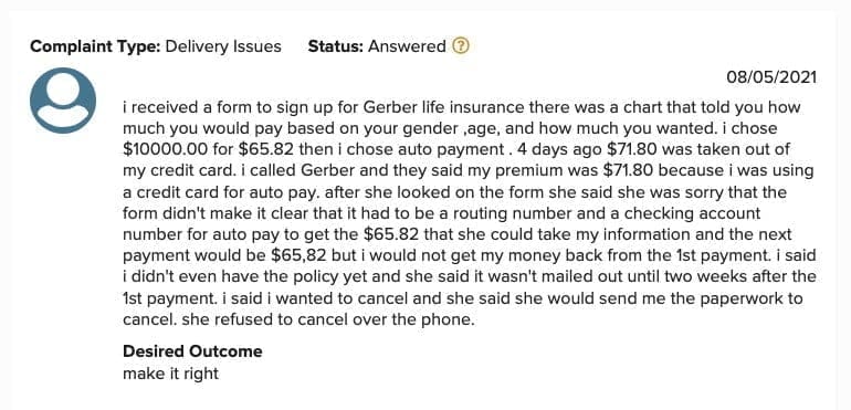 Gerber Life Customer Complaint 3